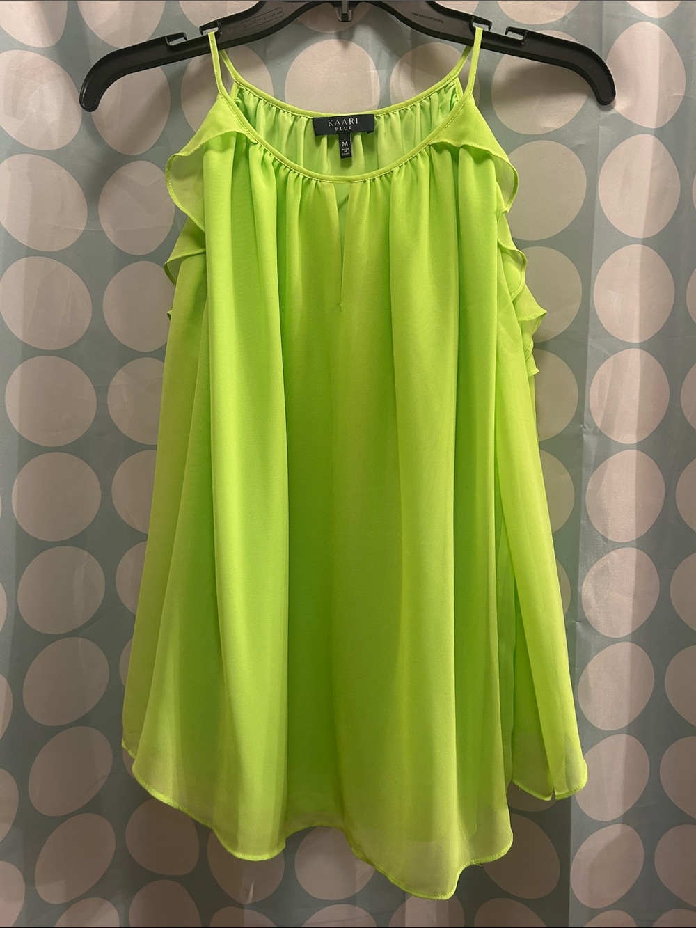 Kaari Blue Neon Lime Ruffle-Shoulder Spaghetti Strap Blouse